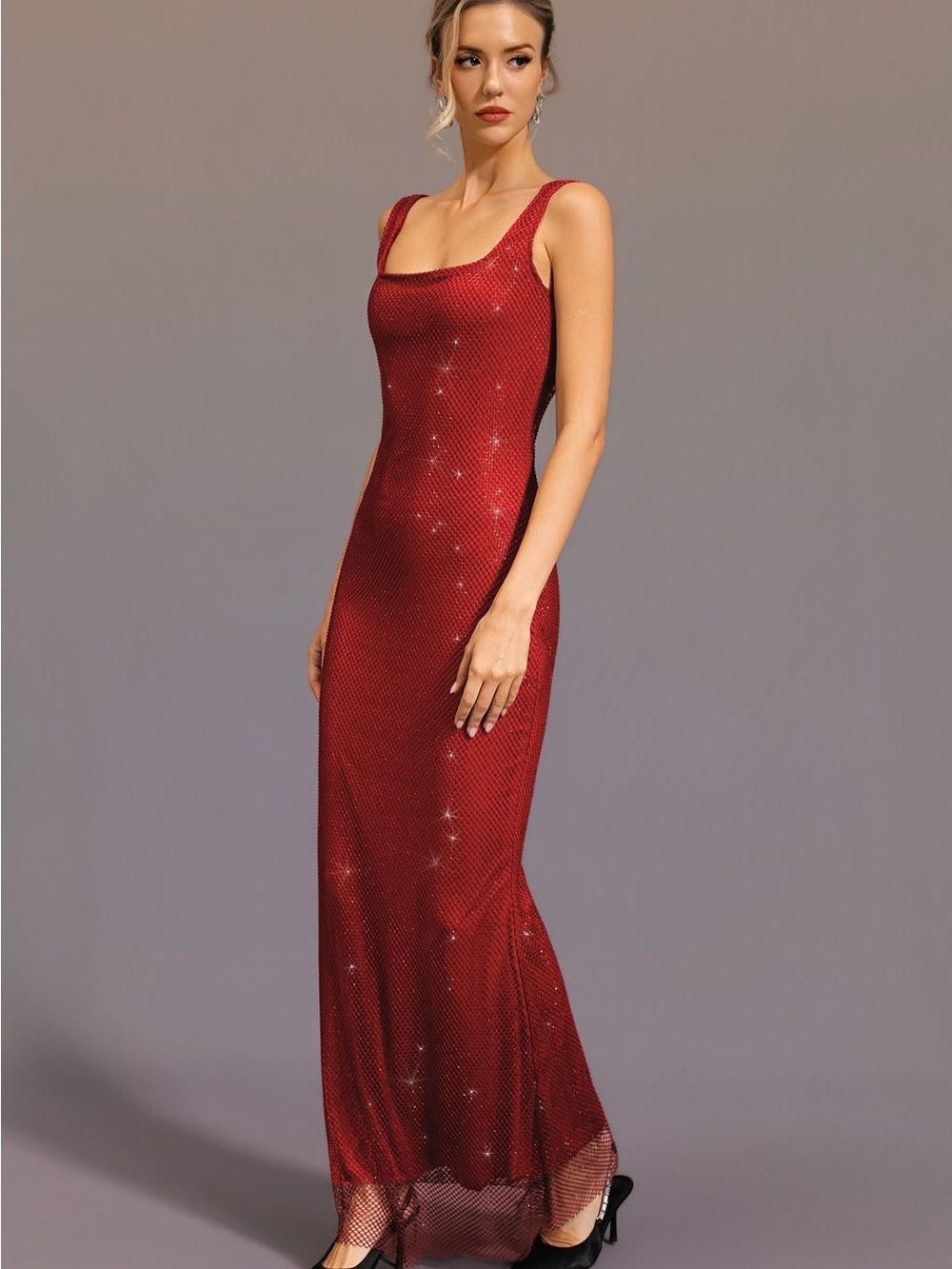 Chicwish Square neck beaded fishnet overlay mermaid gown in burgundy NWOT